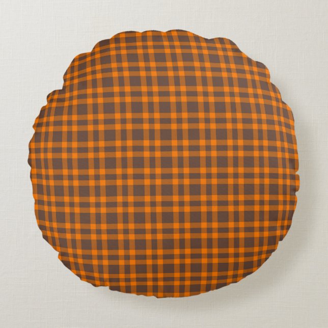 Orange-Braun-Karomuster Rundes Kissen (Vorderseite)