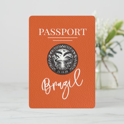 Orange Brazil Passport Save the Date (Stehend Vorderseite)