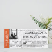 Orange Brazil Wedding Boarding Pass Einladung (Stehend Vorderseite)