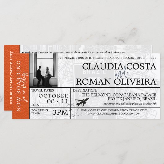 Orange Brazil Wedding Boarding Pass Einladung (Vorne/Hinten)