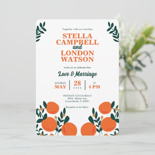 Orange Breeze Wedding Einladung (Stehend Vorderseite)