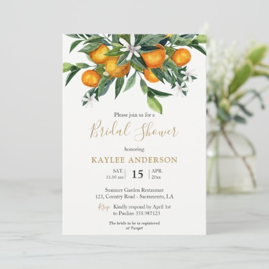 Orange Bridal Dusche Einladungskarte Einladung (Stehend Vorderseite)