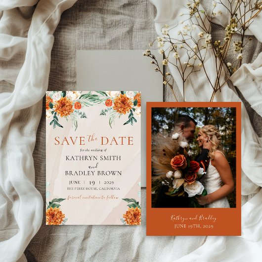 Orange Bright Boho Autumn Floral Wedding Save The Date