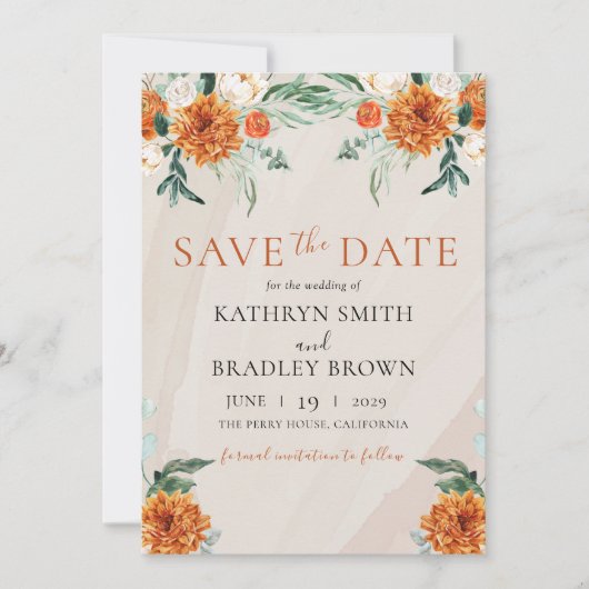 Orange Bright Boho Autumn Floral Wedding Save The Date (Vorderseite)