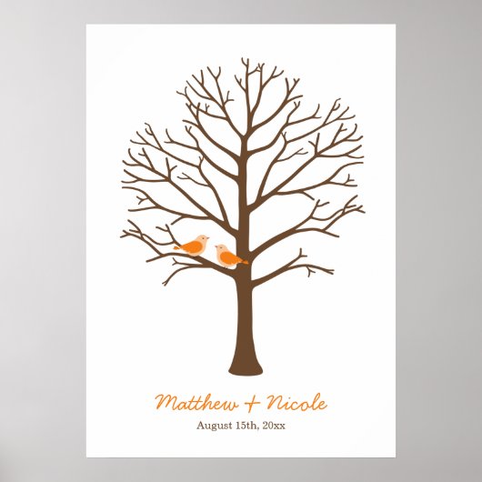 Orange Brown Birds Fingerprint Tree Hochzeit Poster