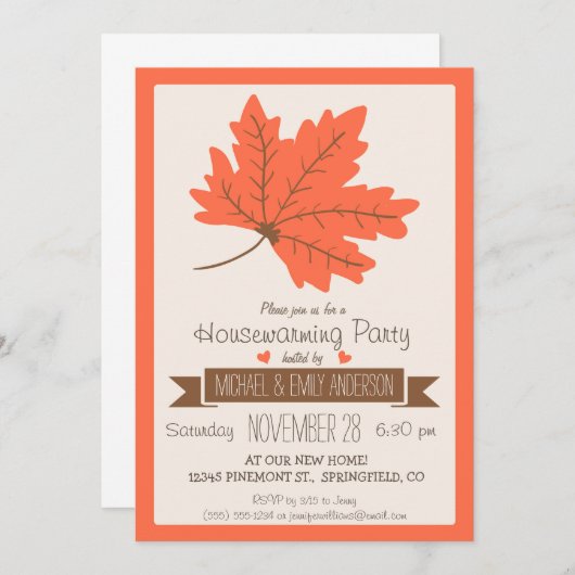 Orange & Brown Fall Leaf Housewarming Party Einladung (Vorne/Hinten)