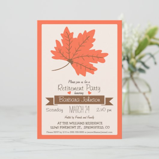 Orange & Brown Fall Leaf Retirement Party Einladung (Stehend Vorderseite)