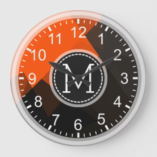 Orange Brown Mosaik Modern Monogram Große Wanduhr