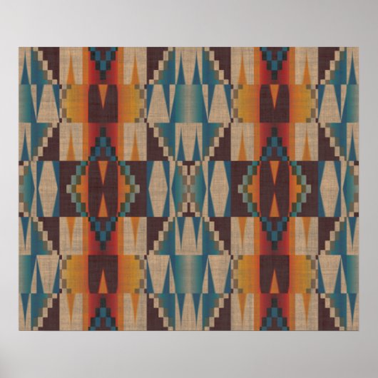 Orange Brown Red Aquamarin Blue Ethnic Tribal Mosa Poster (Vorne)