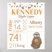 Orange & Brown Sloth Baby Birth Stats Poster (Vorne)