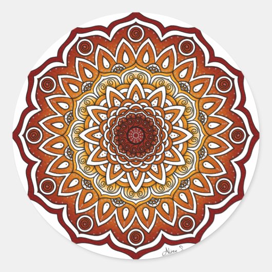 Orange & Brown Spiral and Floral Mandala Runder Aufkleber (Vorderseite)