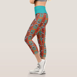 Orange Brown Türkquoise Blue Ethnic Mosaik Muster Capri Leggings