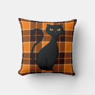 Orange Buffalo Karo Halloween-Schwarze Katze Kissen