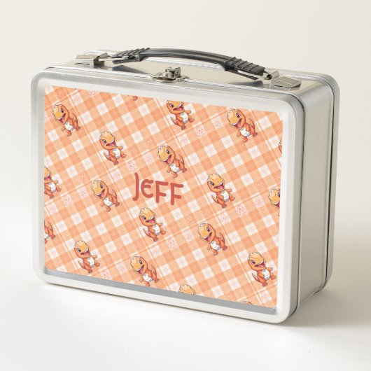 Orange Buffalo Karo mit Dinosauriern und Monogramm Metall Brotdose (Vorderseite)