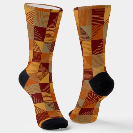 Orange, Burgund, braune Karos mit Lines Socken (Gewinkelt)