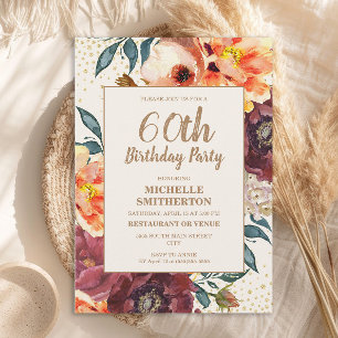 Orange Burgunder Herbst Floral Gold Glitter 60. Einladung