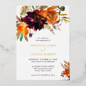 Orange Burgundy Fall Floral Engagement Party Gold Folieneinladung (Vorderseite)
