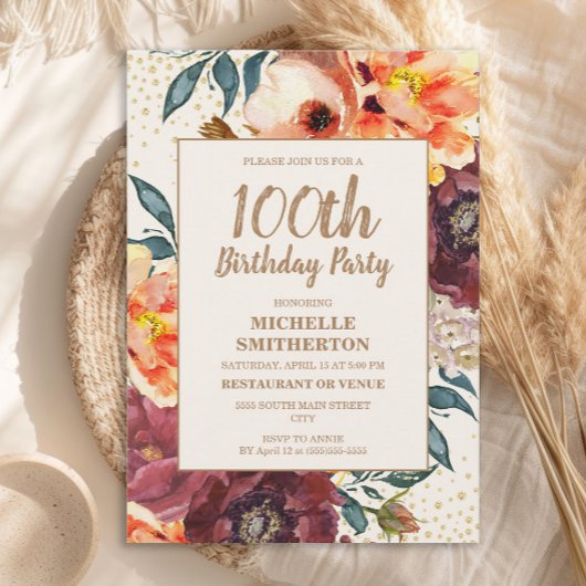 Orange Burgundy Fall Floral Gold Glitzer 100. Einladung