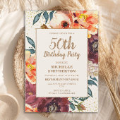 Orange Burgundy Fall Floral Gold Glitzer 50. Einladung