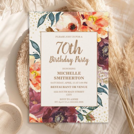 Orange Burgundy Fall Floral Gold Glitzer 70. Einladung