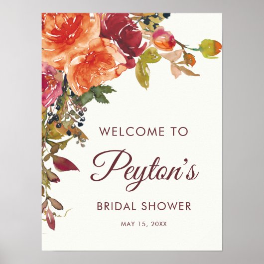 Orange Burgundy Floral Herbst Winter Brautparty Poster (Vorne)