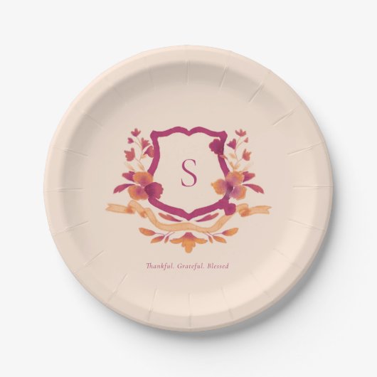 Orange Burgundy Monogram Fall Erntedank Pappteller (Vorderseite)