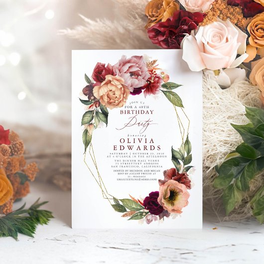 Orange Burgundy Red Floral Fall Birthday Party Einladung