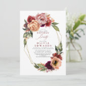 Orange Burgundy Red Floral Fall Birthday Party Einladung (Stehend Vorderseite)