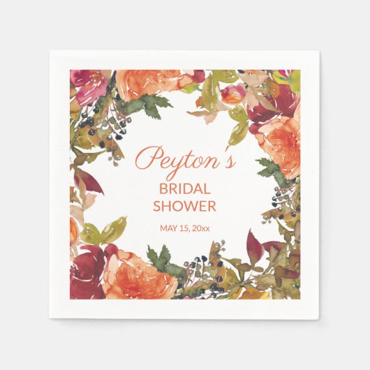 Orange Burgundy Rust Floral Brautparty Serviette (Vorderseite)