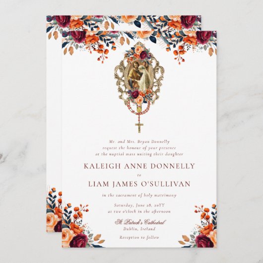 Orange Burgundy Rustic Floral Katholic Wedding Einladung (Vorne/Hinten)