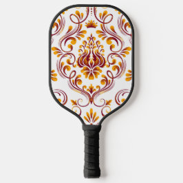 Orange Burgundy White Damask Floral Pickleball Schläger
