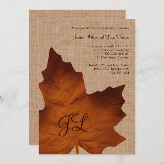 Orange Burlap Mit Monogramm Probe Dinner Einladung (Vorne/Hinten)