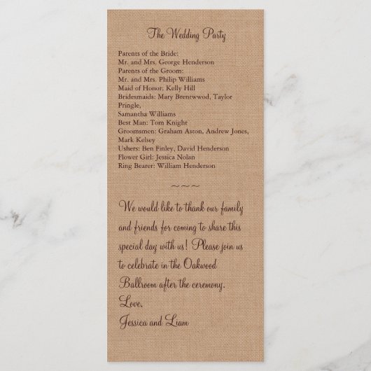 Orange Burlap Mit Monogramm Wedding Program Programm (Rückseite)