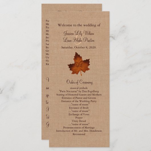 Orange Burlap Mit Monogramm Wedding Program Programm (Vorne/Hinten)