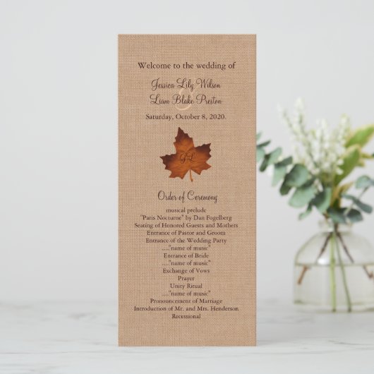 Orange Burlap Mit Monogramm Wedding Program Programm (Stehend Vorderseite)