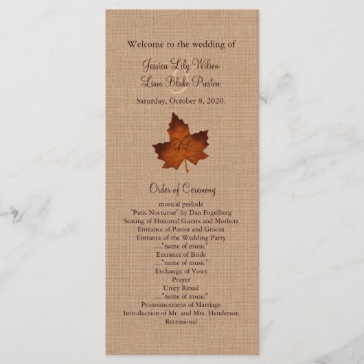 Orange Burlap Mit Monogramm Wedding Program Programm (Vorderseite)