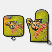 Orange Butterfly on Pink Blossom Design Ofenhandschuh & Topflappen-Set (Vorderseite)