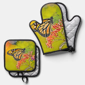 Orange Butterfly on Pink Blossom Design Ofenhandschuh & Topflappen-Set (Vorderseite/Rückseite)