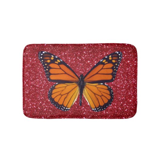 Orange Butterfly On Red Glitzer Bath Mat Badematte (Vorderseite)