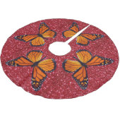 Orange Butterfly On Red Glitzer Tree Skirt Polyester Weihnachtsbaumdecke (Schrägansicht)