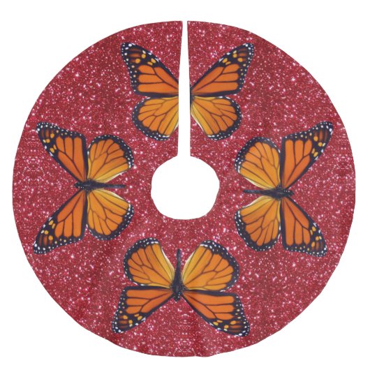 Orange Butterfly On Red Glitzer Tree Skirt Polyester Weihnachtsbaumdecke (Vorderseite)