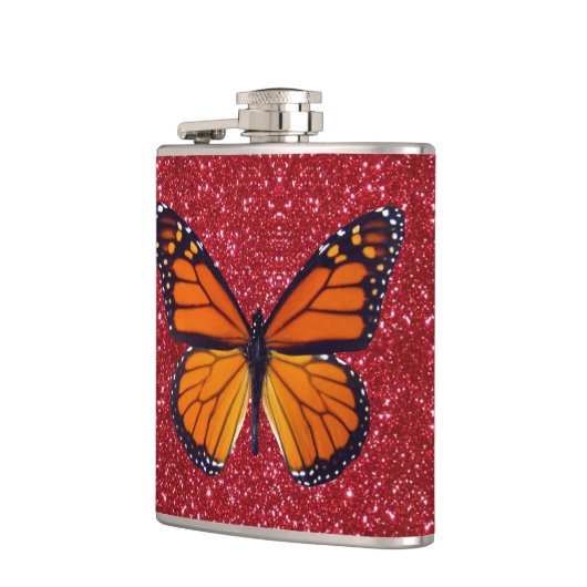 Orange Butterfly On Red Glitzern Flask Flachmann (Links)