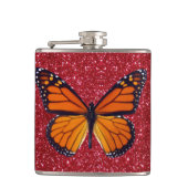 Orange Butterfly On Red Glitzern Flask Flachmann (Vorderseite)