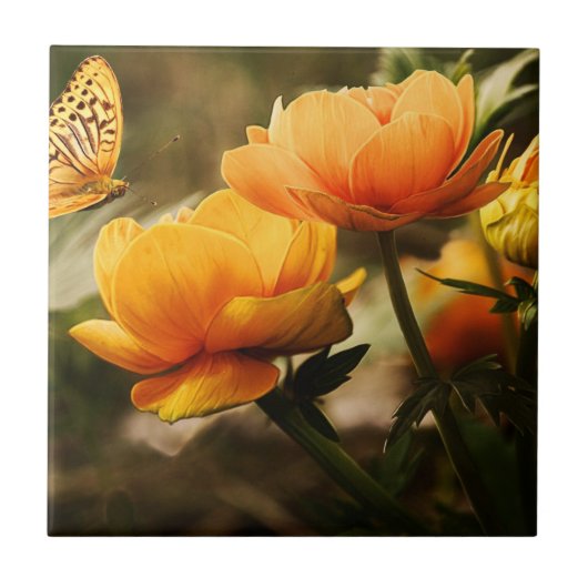 Orange Butterfly und Blume Fliese (Vorderseite)