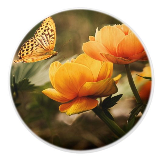 Orange Butterfly und Blume Keramikknauf (Vorderseite)