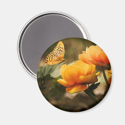 Orange Butterfly und Blume Magnet (Vorderseite/Rückseite)