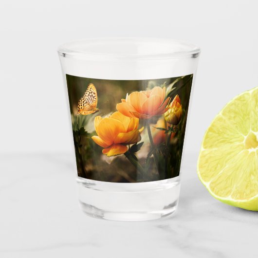 Orange Butterfly und Blume Schnapsglas (Vorderseite)