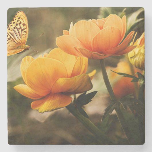 Orange Butterfly und Blume Steinuntersetzer (Vorderseite)