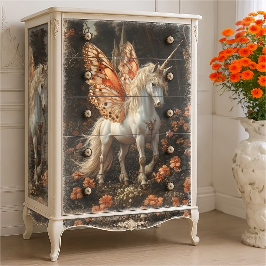 Orange Butterfly Winged Unicorn Decoupage Seidenpapier
