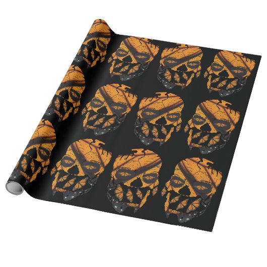 Orange Butterfly Wings Skulls Black Geschenkpapier (Ungerollt)